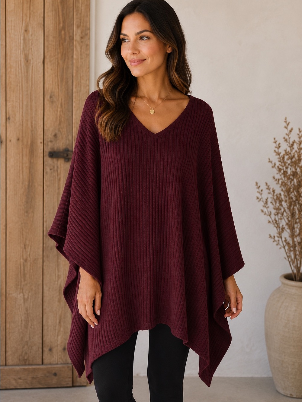 FREE WITH PURCHASE a.n.a Ribbed V-Neck Poncho Sweater - Burgundy